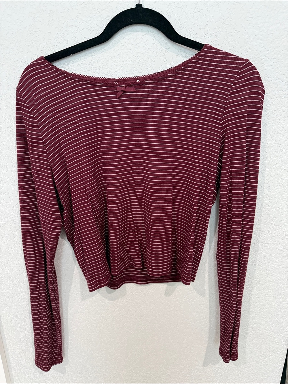 Full Tilt Burgundy and White Striped Long-Sleeve Ribbed Top